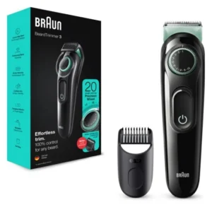 Braun Cortadora de barba serie 3 y cuchillas afiladas de por vida, esfera de precisión para 20 ajustes de longitud, enchufe británico de 2 pines, BT3323, negro/verde